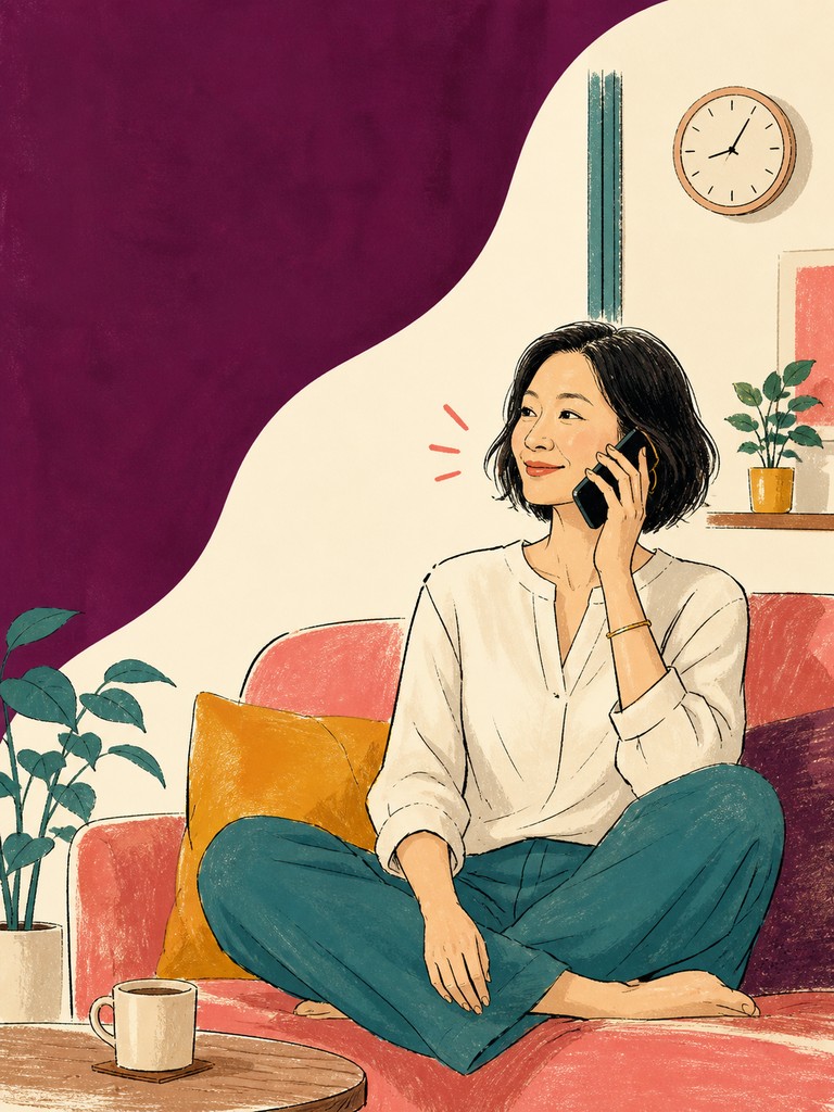 自宅のソファでスマートフォンを使って会話する女性のイラスト