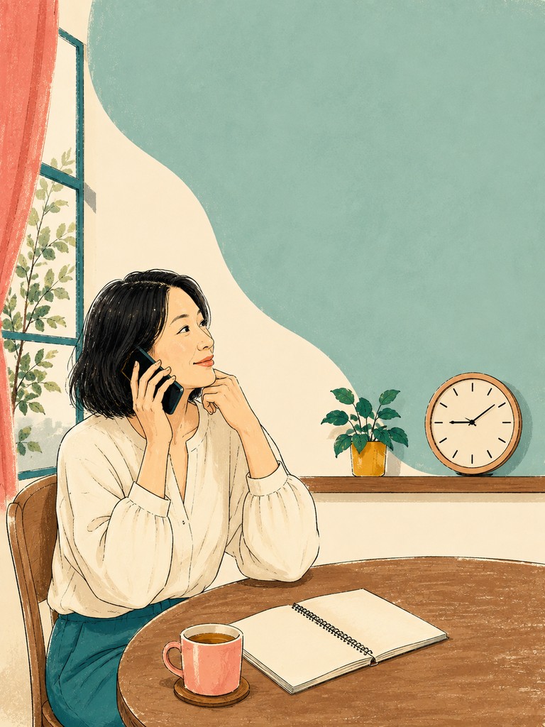 自宅のテーブルで時間を確認しながらスマートフォンで会話する女性のイラスト