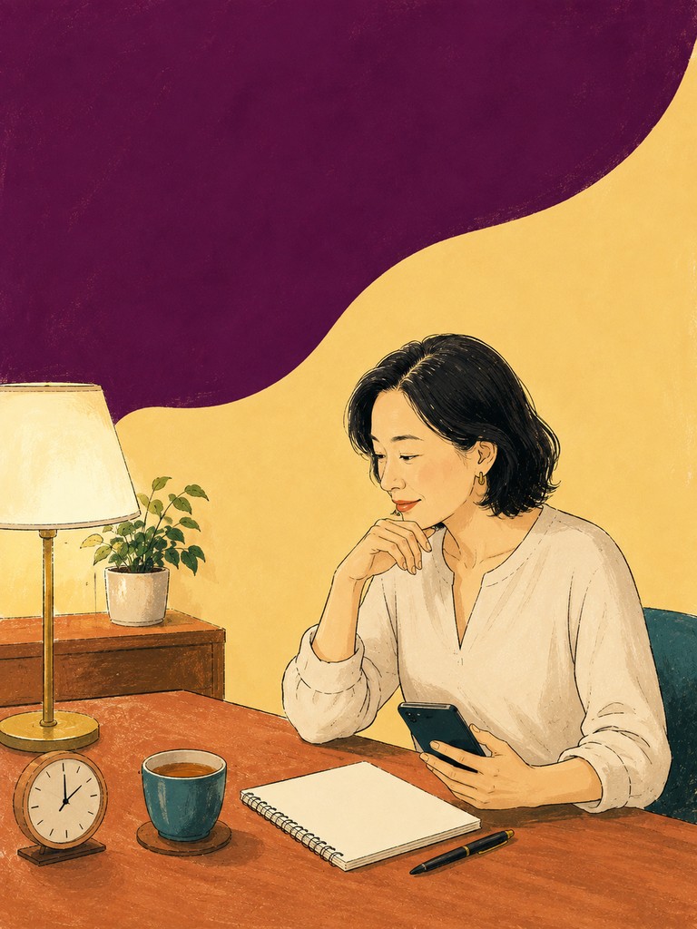 自宅の机でスマートフォンとノートを確認する女性のイラスト