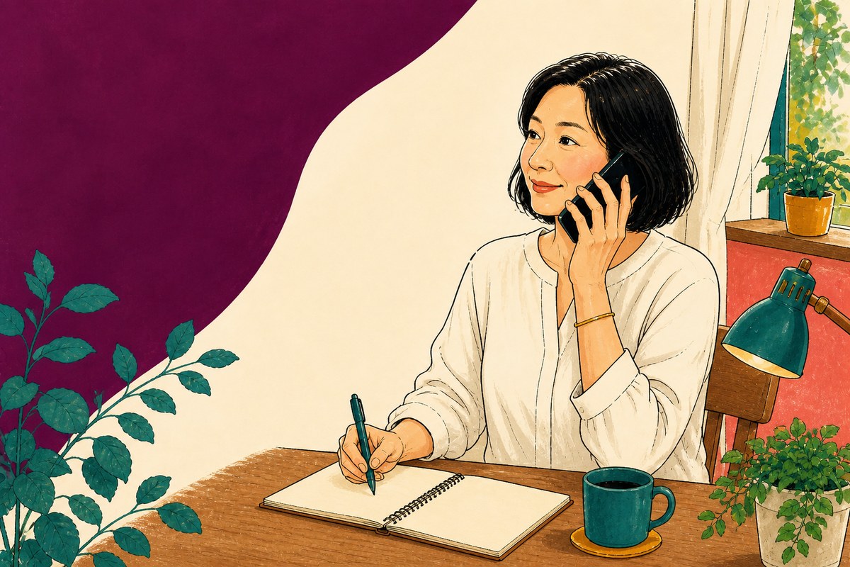 自宅の机でスマートフォンを使って会話しながらメモを取る女性のイラスト