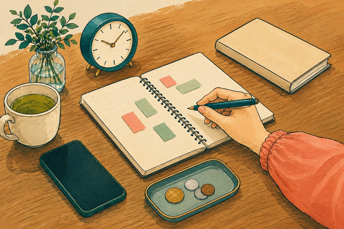 スマートフォンとノートを使って報酬や予定を確認する手元のイラスト
