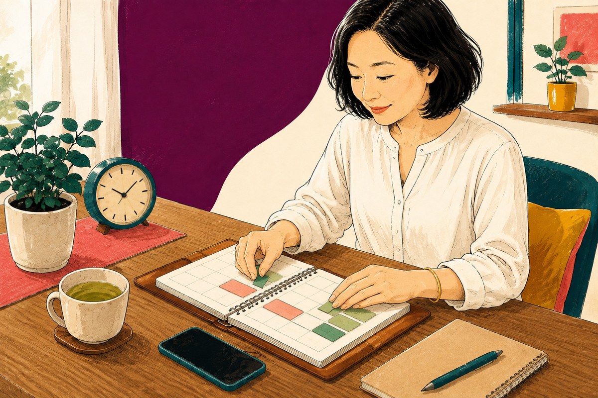 自宅のテーブルでスマートフォンと予定を確認する女性のイラスト